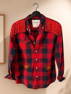 Aeropostale Red and Navy Plaid Fringe Button-Down Shirt
